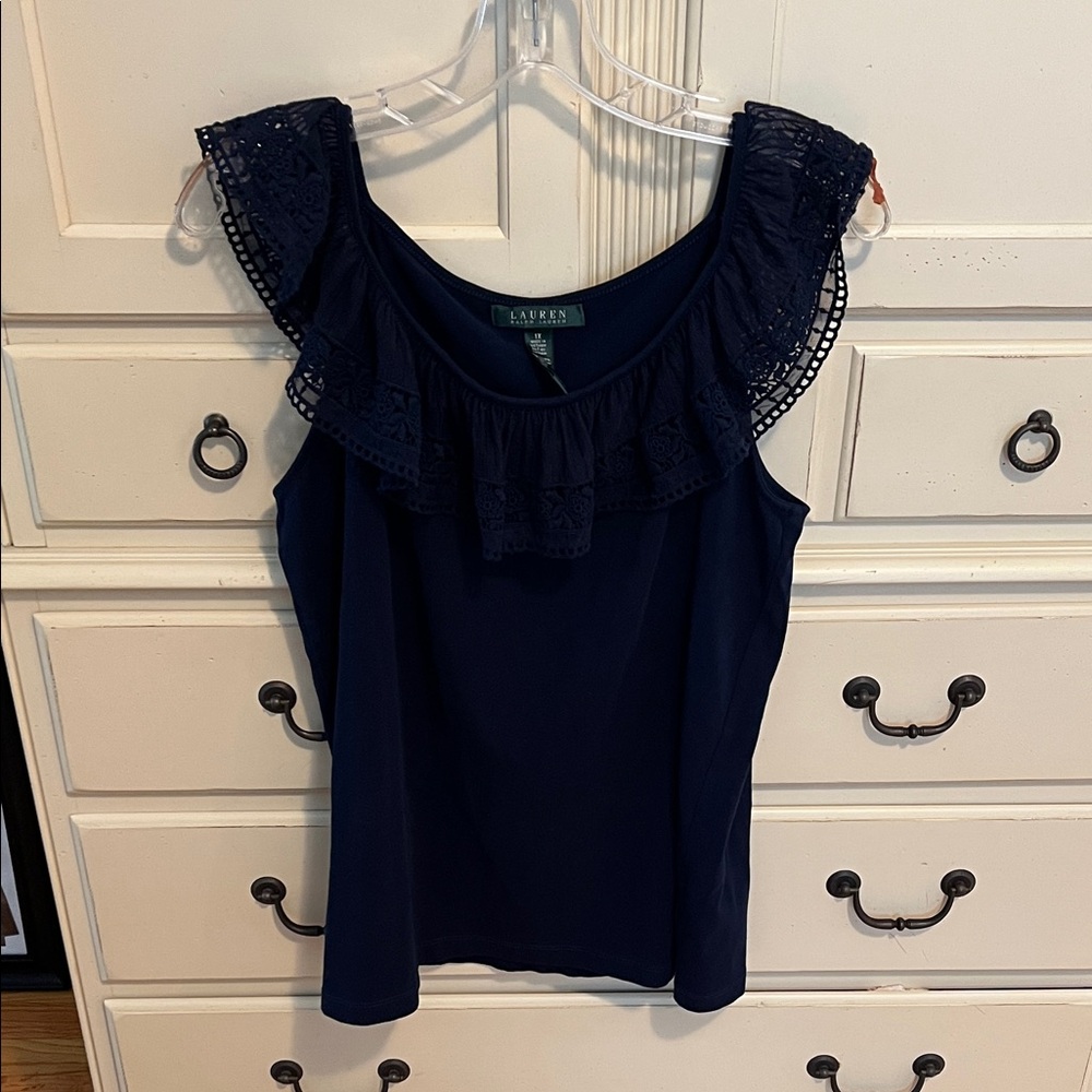 Lauren by Ralph Lauren Navy Blue Lace Ruffle Blouse